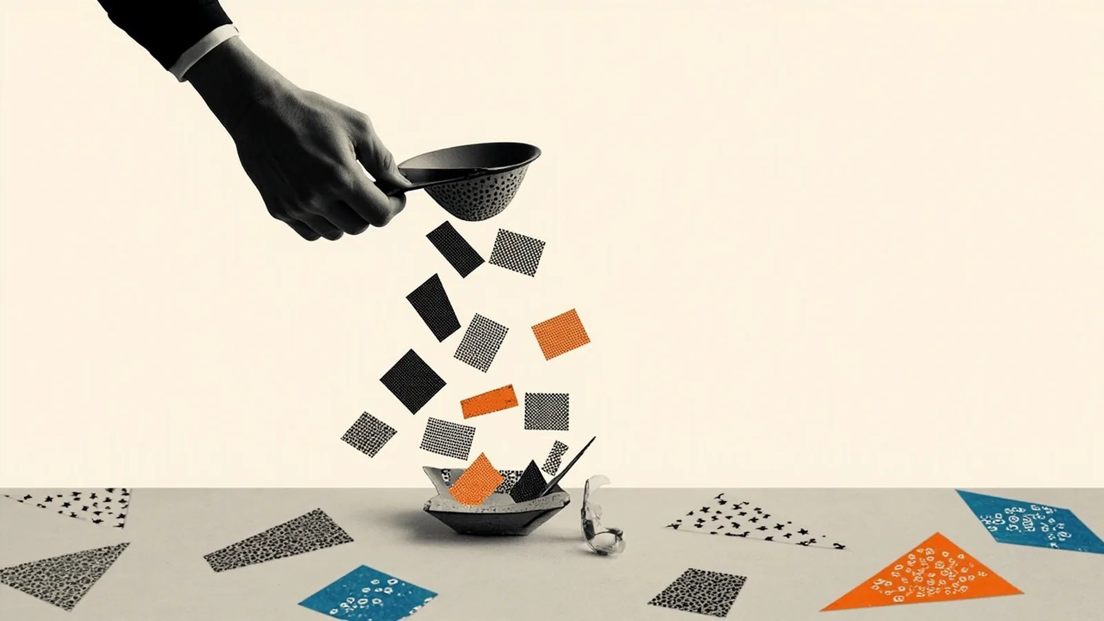 Ilustración collage de filtrado: un colador separa el tráfico bueno del malicioso antes de que llegue al sistema