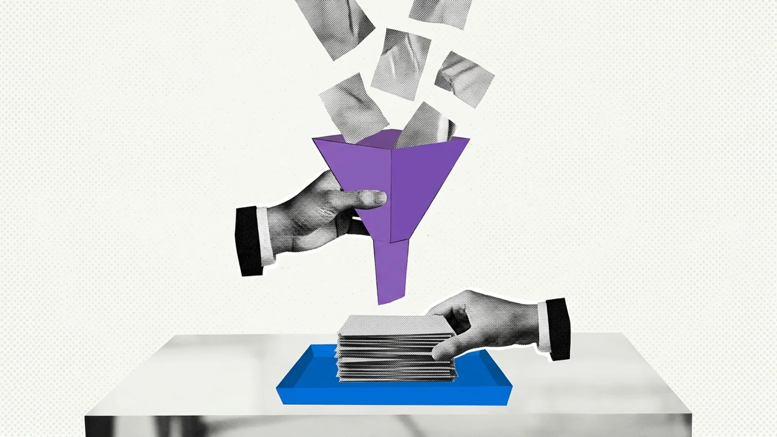 Ilustración collage de unificación: procesos desordenados que entran por un embudo y se convierten en una plataforma ordenada