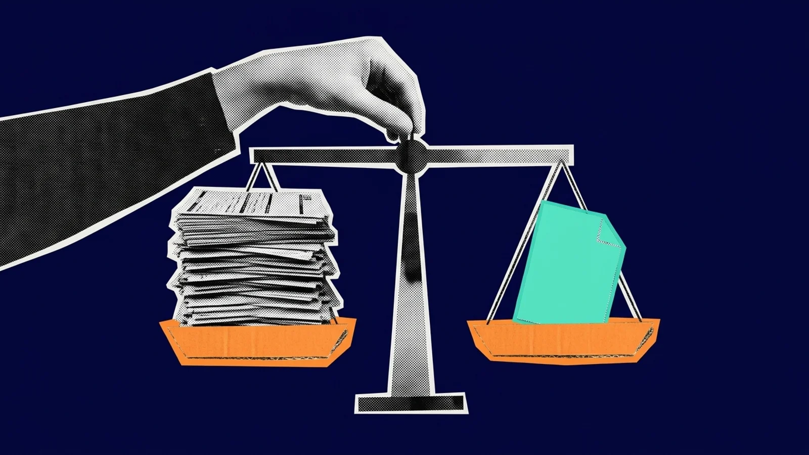 Ilustración collage de criterio: balanza equilibrada entre volumen documental y precisión de datos