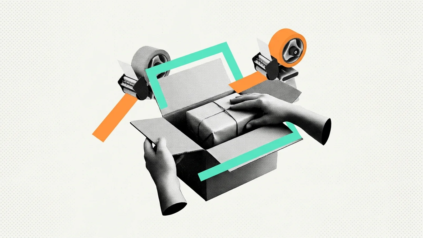 Ilustración collage de preparación y empaque de un pedido en línea listo para entrega